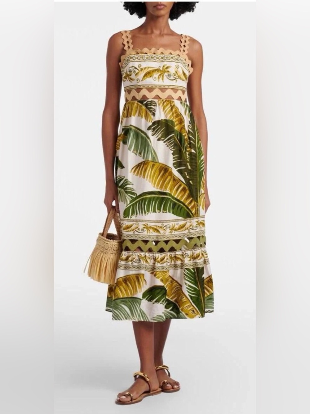 FARM Rio Sand Trancoso Wavy Trim Maxi Dress NWT